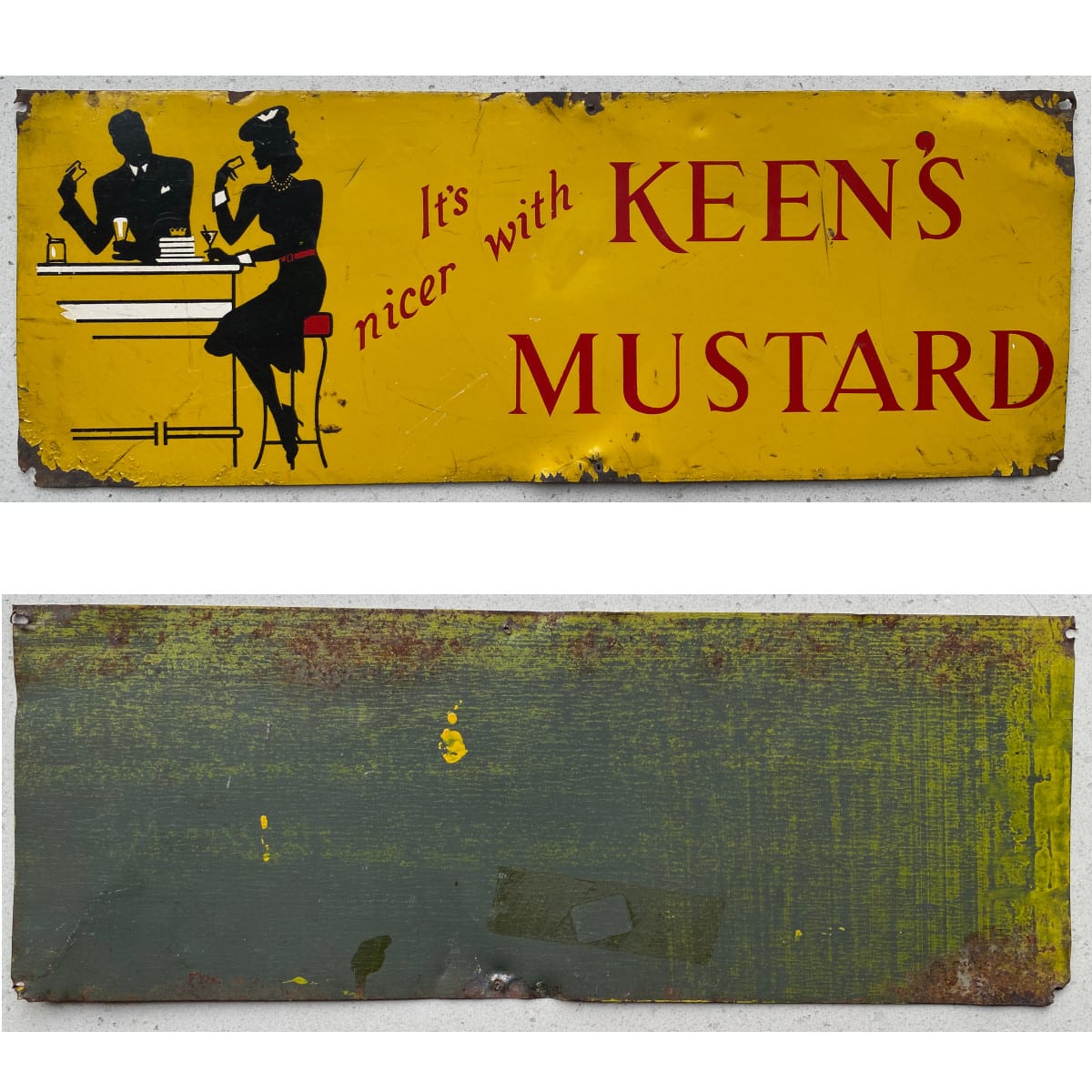 Painted Tin Sign. It's nicer with Keen's Mustard. Bar scene, Lady with cocktail glass, man with beer, jar of mustard & biscuits.