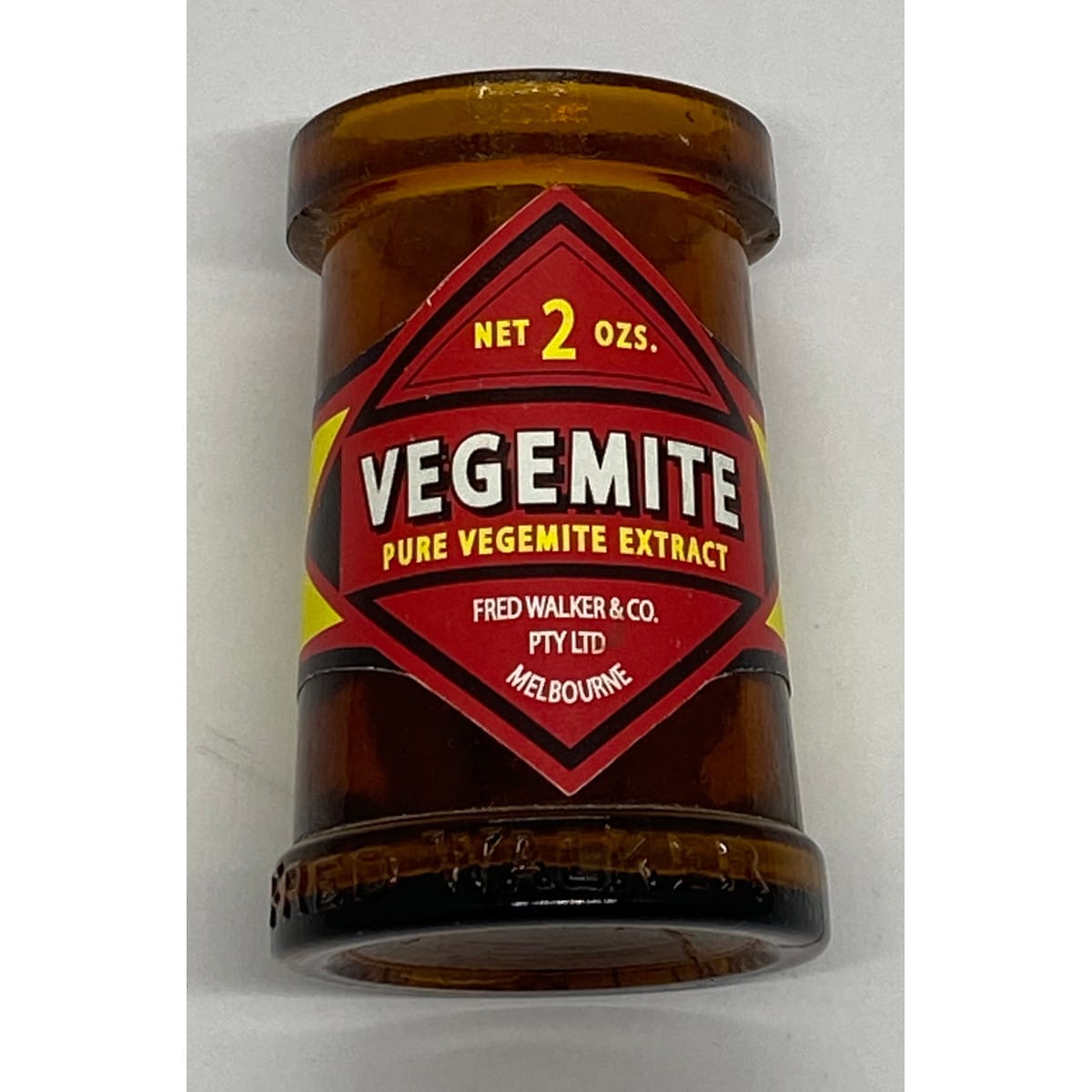 Vegemite Jar. Original Fred Walker & Co Pty Ltd jar. Reproduction label. (Victoria)