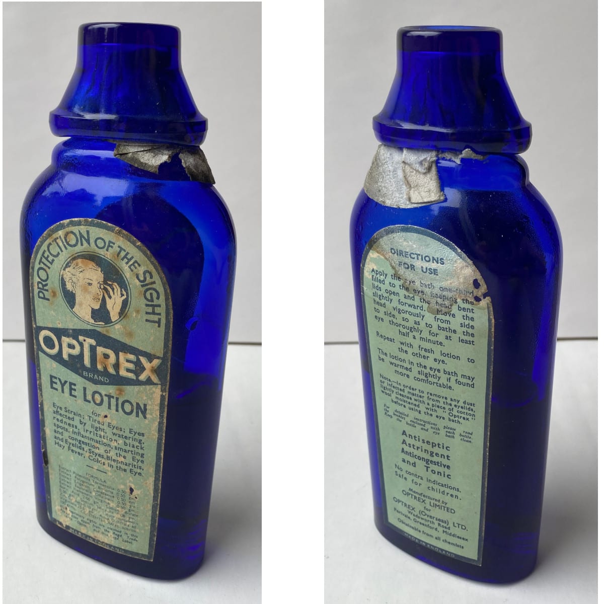 Optrex Blue glass bottle with Eye bath cap. Labels and some contents.