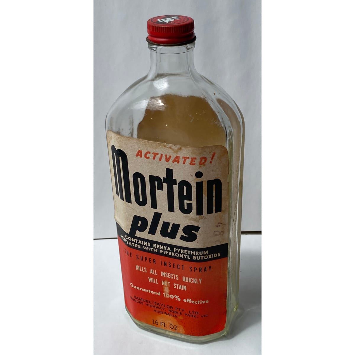 Insect Spray. Mortein Plus. Samuel Taylor Pty Ltd Noble Park Victoria. Samuel Taylor Sydney bottle. Original cap with Dog and "When your on a good thing stick to it".