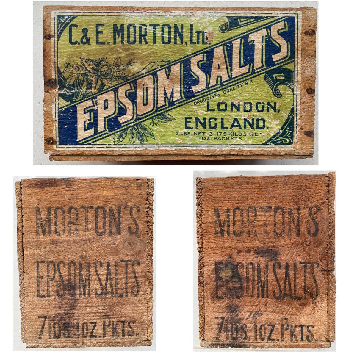 Small Wooden Box. Morton's Epsom Salts. Printed & Paper Label. 7 lbs (3.175 kgs) in 1 oz packets.