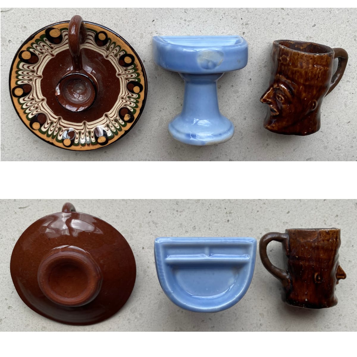 3 Sample Pottery Pieces: Bathroom Sink Candle holder Crude Face Jug.