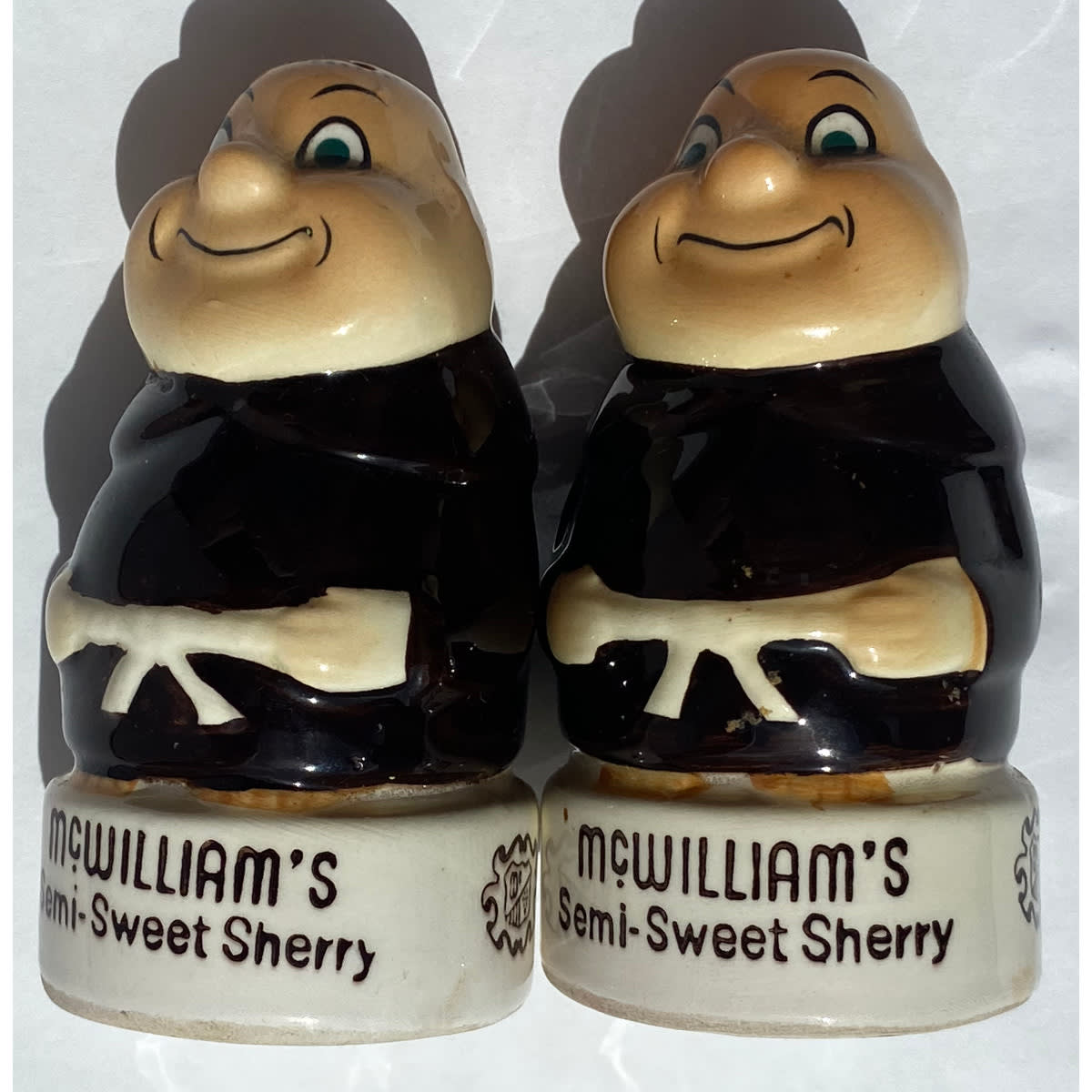 Salt & Pepper Shakers. Advertising McWilliams Semi Sweet Sherry. Ceramic Monk figurals.