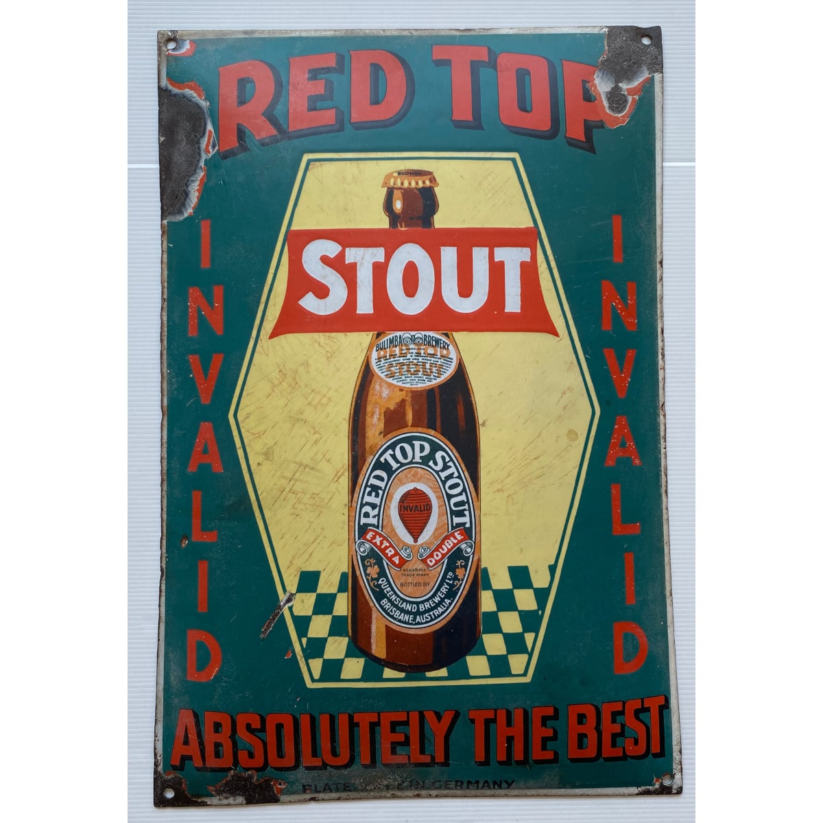 Enamel Sign. Red Top Invalid Stout. Bulimba Brewery. Queensland Brewery Ltd, Brisbane, Australia. Bottle Pictorial.