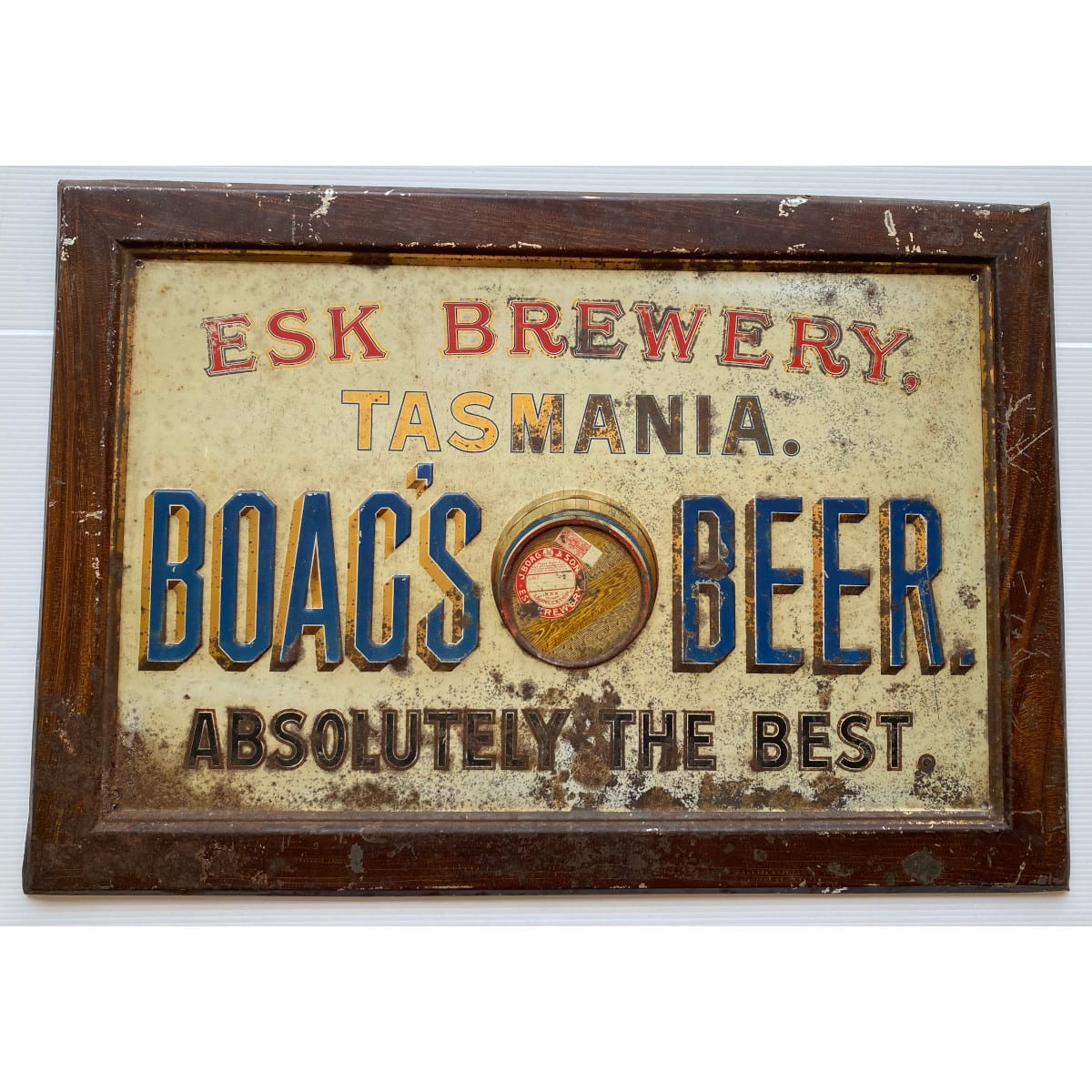 Pressed Tin Sign. Esk Brewery, Tasmania. Boag's Beer. Barrel.