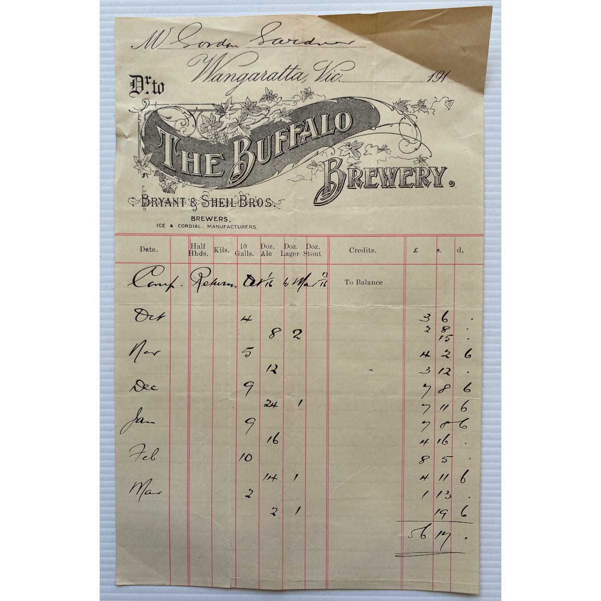 Ephemera/Letterhead. Invoice from the Buffalo Brewery, Bryant & Sheil Bros, Wangaratta to Gordon Gardner (a licensee of the Bulls Head Hotel in the 1910s).