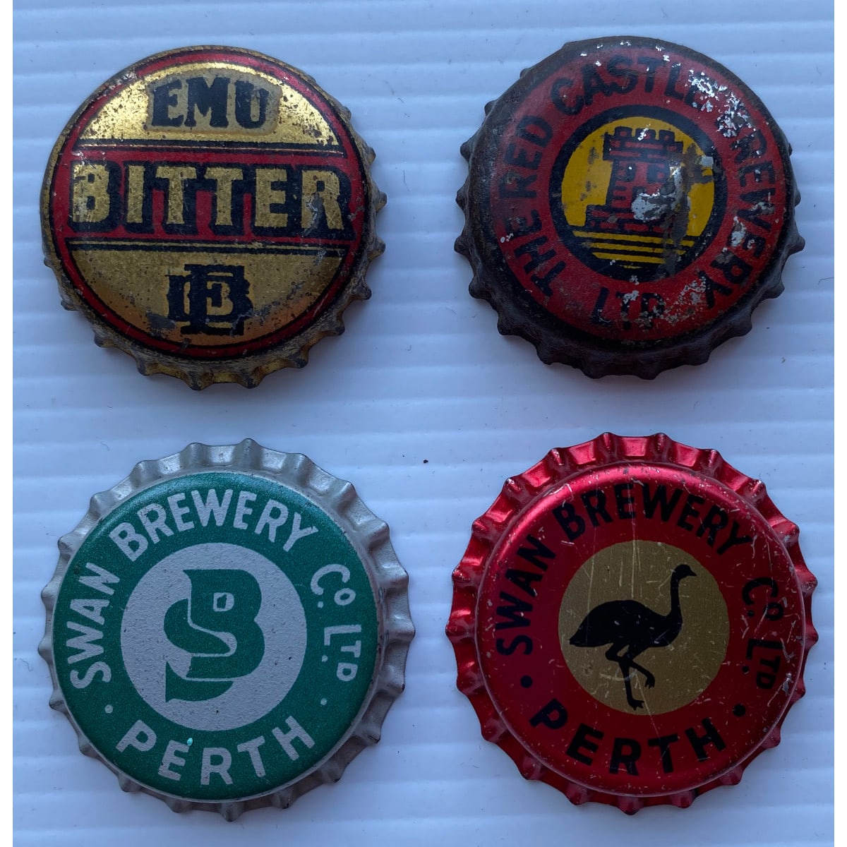 4 Crown Seal Caps: 2 diff Swan Brewery Perth The Red Castle Brewery Emu Bitter.