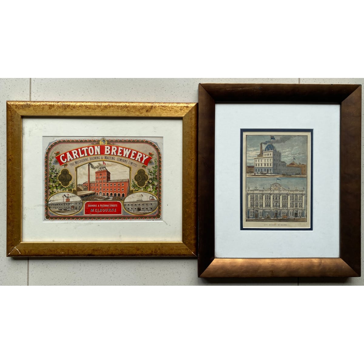 2 Framed Brewery Prints: The Carlton Brewery, The Melbourne Brewing & Malting Company Ltd, Bouverie & Victoria Streets City Brewery Melbourne (McCracken's).  (Victoria)