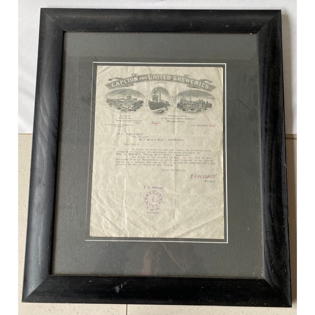 Framed original letter. Carlton & United Breweries Limited. Carlton, Yorkshire & Victoria Brewery pictured. Dated October 1916. Account for Royal Mail Hotel Nagambie. (Victoria)