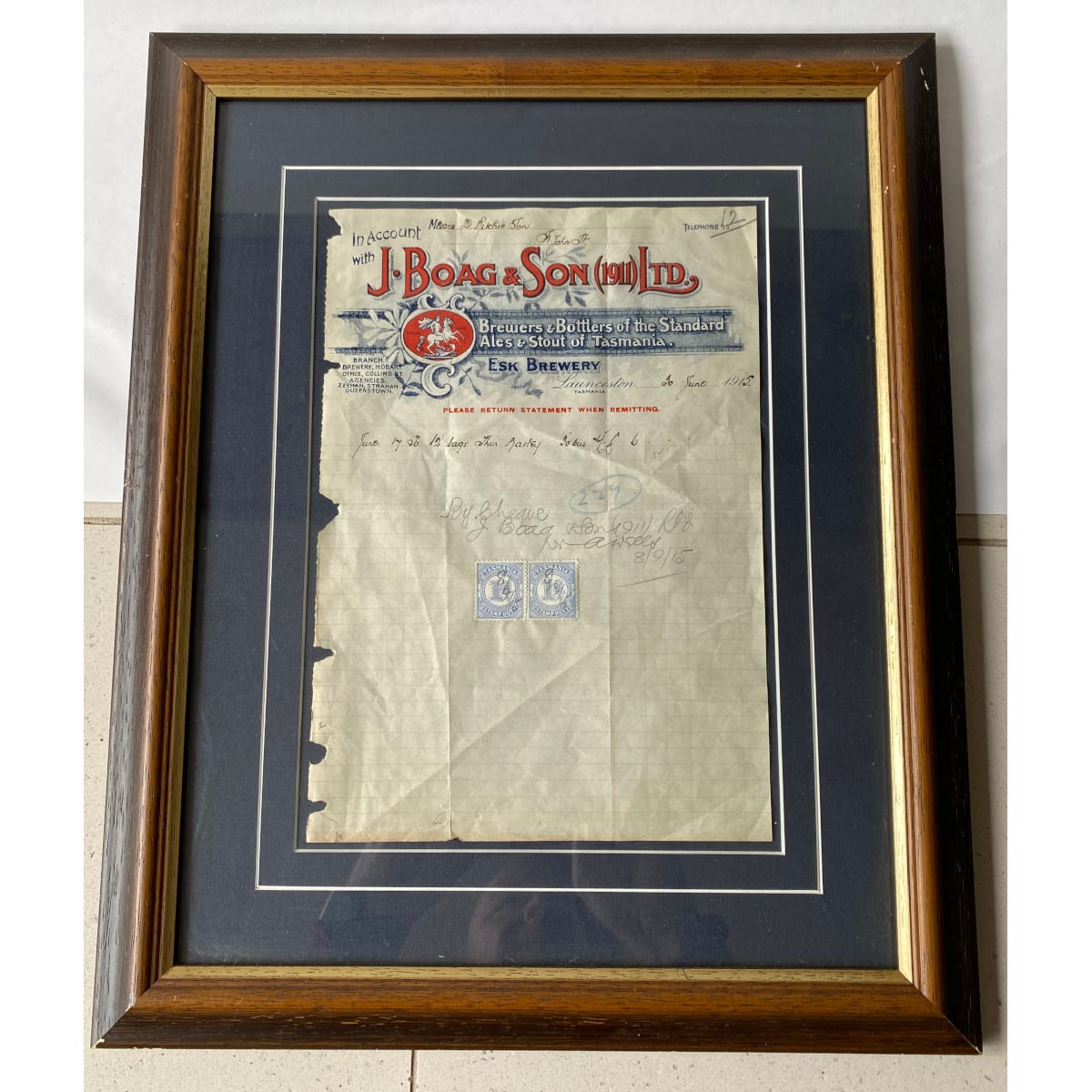 Framed original letterhead with account. J. Boag & Son (1911) Ltd, Esk Brewery. Brewers & Bottlers of the Standard Ales & Stout of Tasmania. Dated June 1915. (Tasmania)