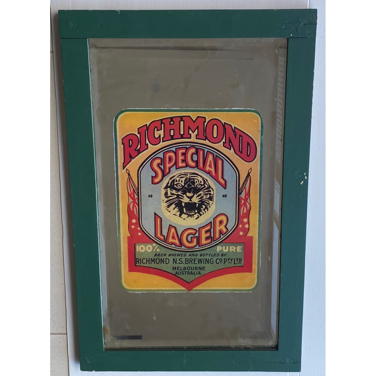 Brewery Advertising Mirror. RIchmond Special Lager. Richmond NS Brewing Co., Melbourne. Tigers Head.