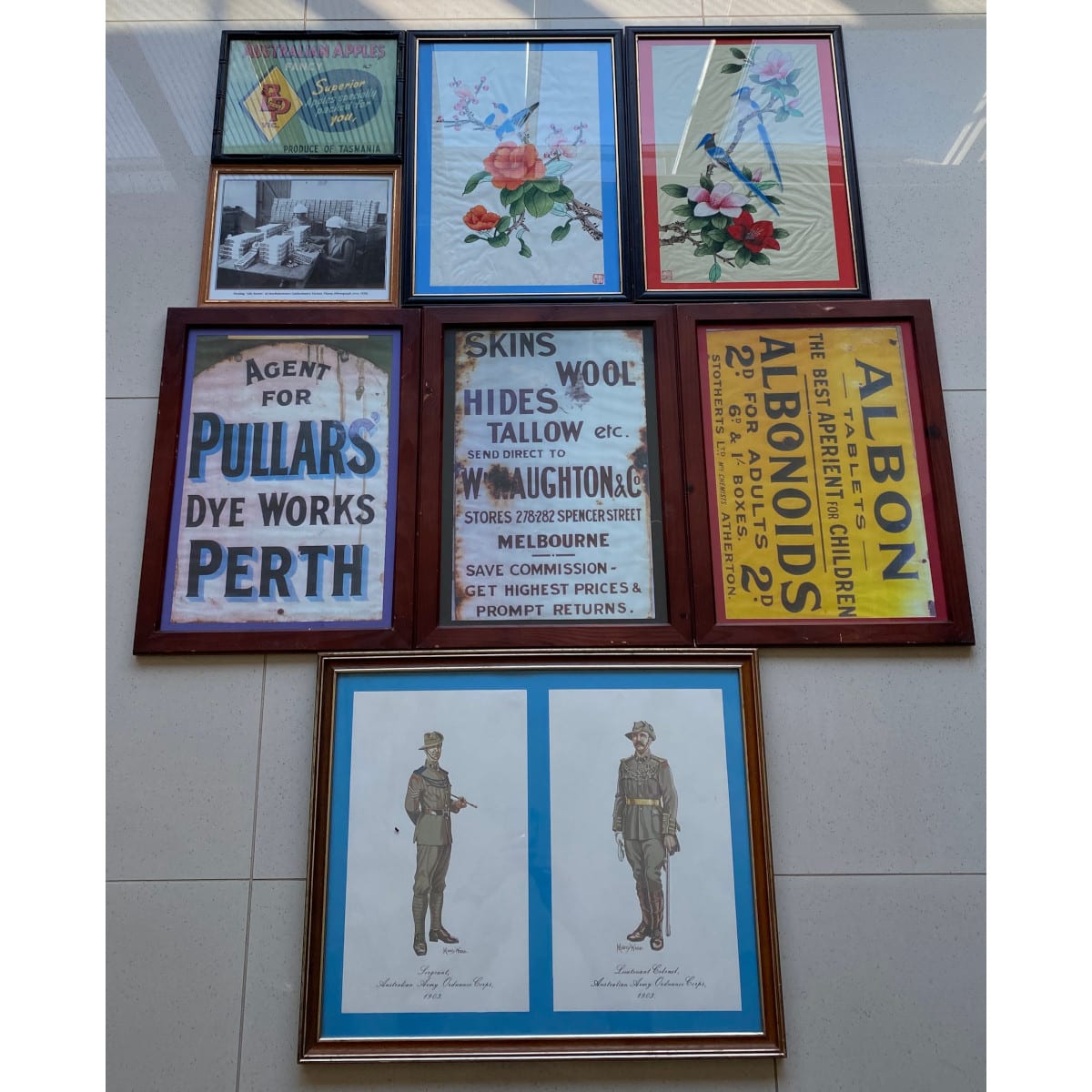 8 Framed Items: 3 x Pictures of Enamel Signs! 2 x Original Water Colours of Birds & Flowers MacRobertson's picture Apples Box Label 2 Monty Wedd 1903 Australian Army Images.