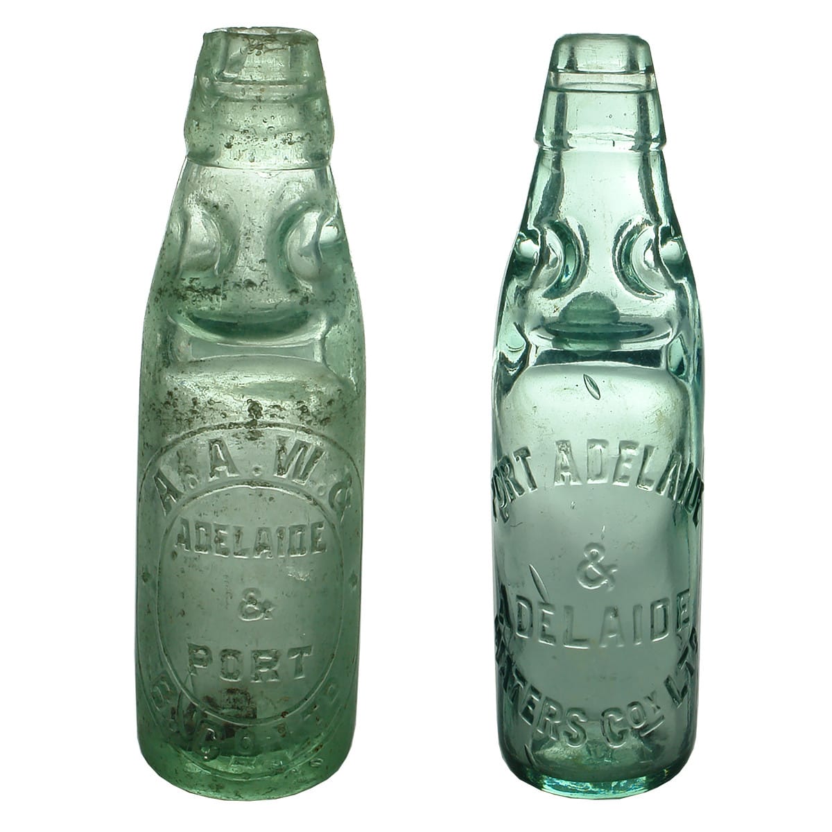 2 Codds.  A. A. W. & B. Co Ltd, Adelaide & Port. Dobson. Aqua. 6 oz; Port Adelaide & Adelaide Waters Coy Ltd. Dobson. Aqua. 6 oz. (South Australia)