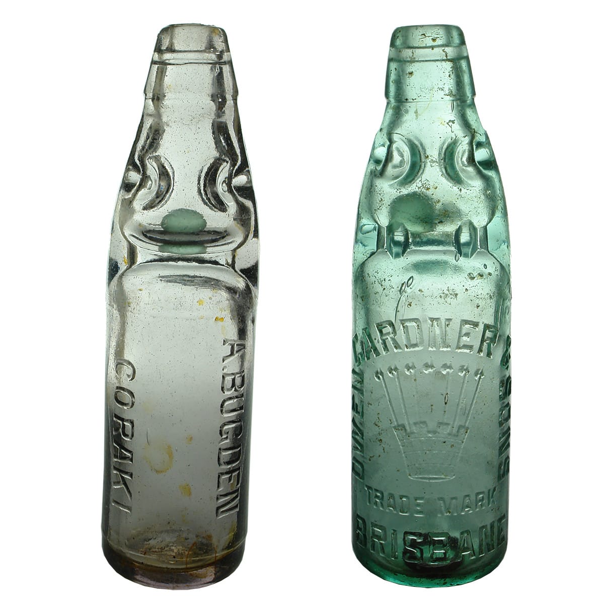 2 Codds. A. Bugden, Coraki. Sun Coloured Amethyst. 10 oz; Owen Gardner & Sons, Brisbane. Dobson type. Midson Patent lugs. Aqua. 10 oz.