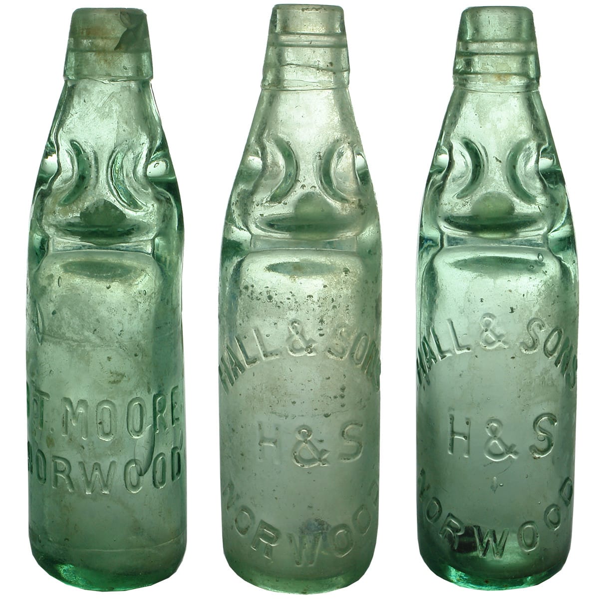 3 Norwood Codds. B. T. Moore x 1; 2 different Halls & Sons. 10 oz. (South Australia)