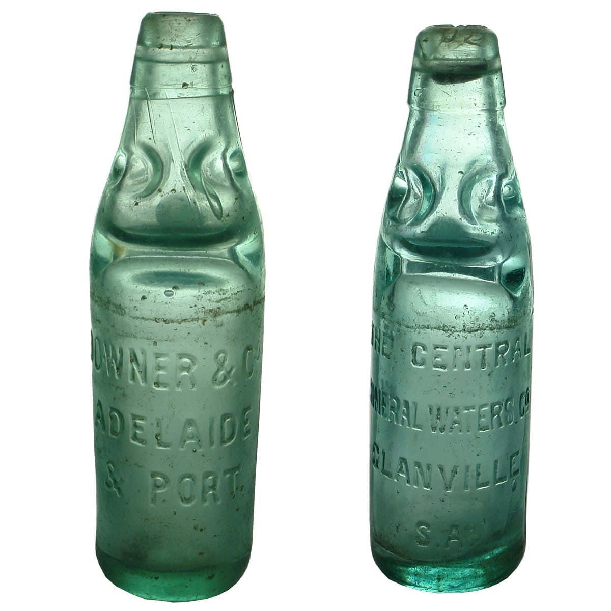 2 Codds. Downer & Co., Adelaide & Port. FBH. Dobson. Horizontal embossing. Aqua. 6 oz; The Central Mineral Waters, Glanville. Dobson. Aqua. 6 oz. (South Australia)