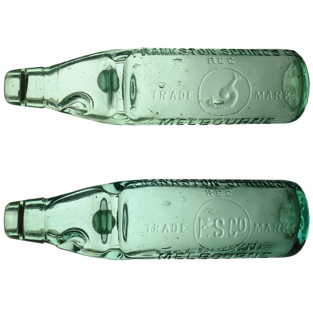 2 Codds. Both Frankston Springs Co. Dolphin & Initials trade marks. G. H. Elliott Back of Initials bottle. (Victoria)