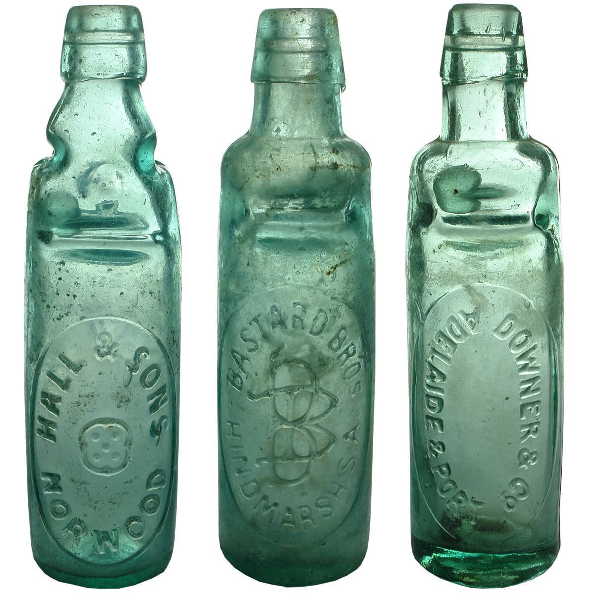 3 Codds. Hall & Sons, Norwood. Aqua. 10 oz. Acme Patent; Bastard Bros., Hindmarsh. All Way Pour. Aqua. 10 oz; Downer & Co, Adelaide & Port. Aqua. All Way Pour. 10 oz. (South Australia)