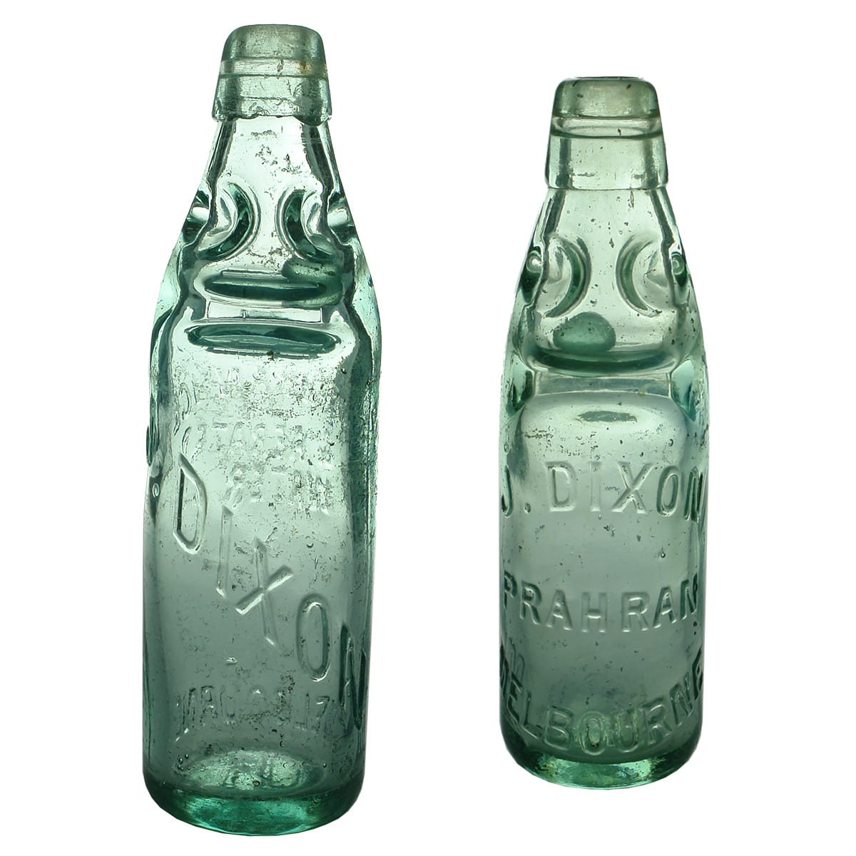 2 Codds. J. Dixon, Prahran Ice & Aerated Water Co, Melbourne and J. Dixon Prahran. 10 oz & 6 oz. (Victoria)