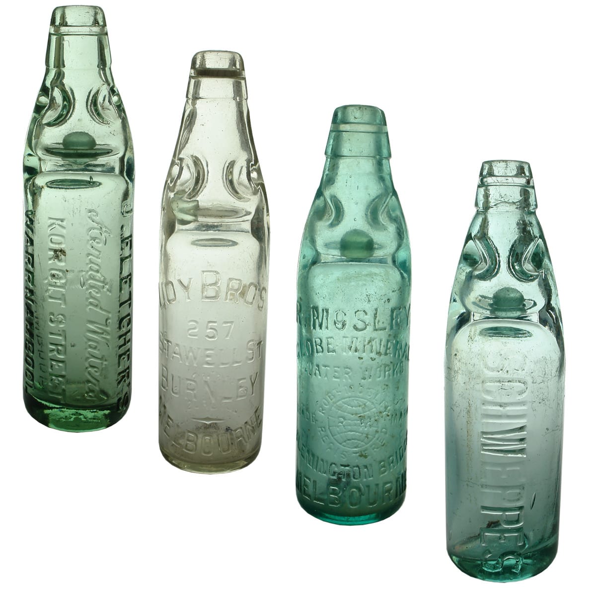4 Codds. J. Fletcher's, Warrnambool; Loy Bros, Burnley; R. Mosley, Melbourne; Schweppes, Cannington Shaw made. (Victoria)