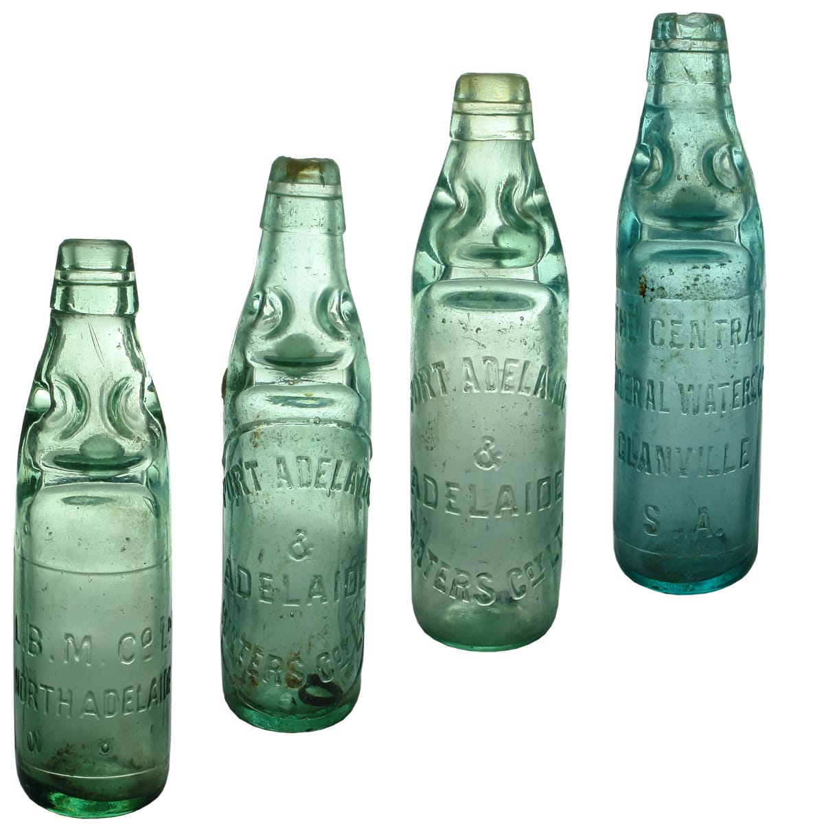 4 10 oz Adeliade Codds. L. B. M Co Ld, North Adelaide. FBH. Dobson; Port Adelaide & Adelaide Waters Coy Ltd; Port Adelaide & Adelaide Waters Co. Dobson; The Central Mineral Waters, Glanville. Dobson. Aqua. 10 oz. (South Australia)