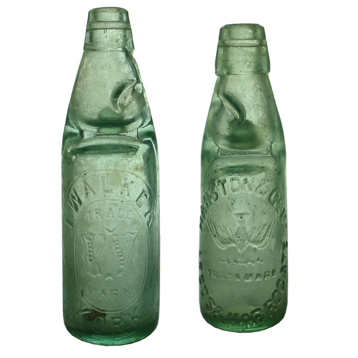 Codds. 1. I. Walker, York. One Way Pour. Aqua. 10 oz. 2. Harston & Co Ltd, Leeds & Harrogate. One Way Pour. Aqua. 6 oz. (United Kingdom)