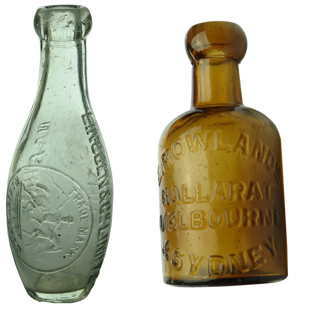 2 Blob Tops. Skittle: Lincoln & Co Limited. Narrandera, Hay. Clear. 6 oz. Two town variety; E. Rowlands, Ballarat, Melbourne & Sydney. Amber. Split size. (Victoria & New South Wales)
