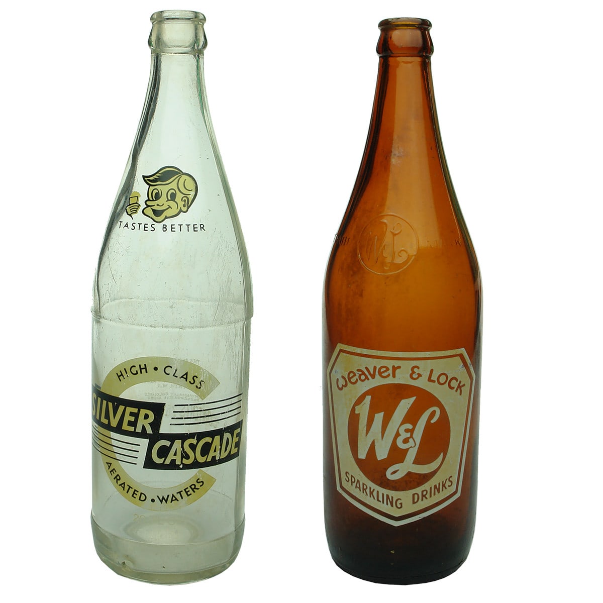 2 Ceramic Label Crown Seals. Silver Cascade, Perth; Weaver & Lock Sparkling Drinks. 26 oz. (Western Australia)