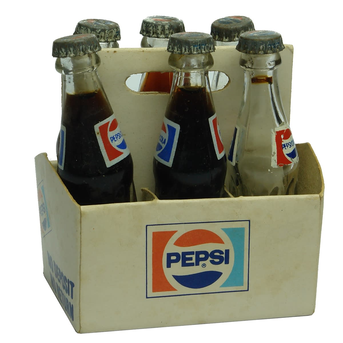 Miniature six pack of Pepsi Cola. Ceramic Label crown seal bottles and cardboard container.