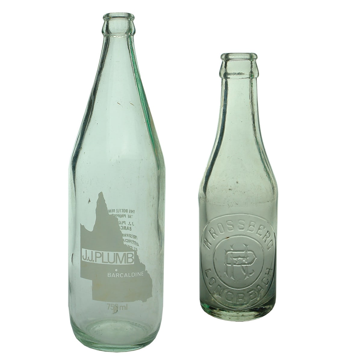 2 QLD Crown Seals. J. J. Plumb, Barcaldine. Ceramic Label. 750 ml; H. Rossberg, Longreach. Clear. 6 oz. (Queensland)