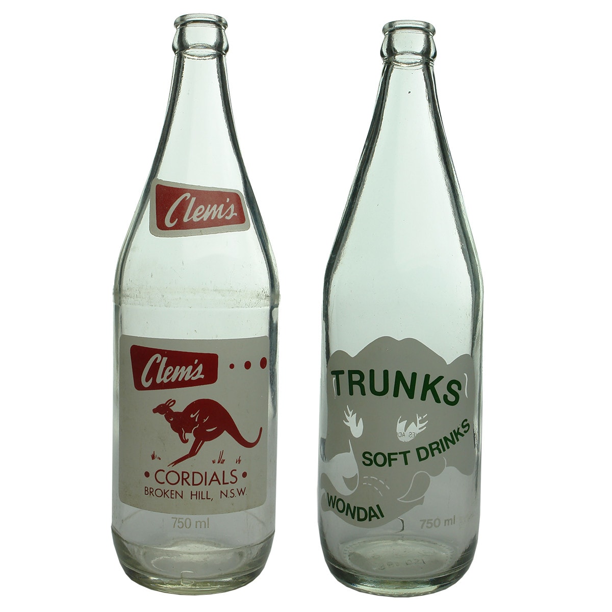 2 Ceramic label Crown Seals. Clem's Cordials, Broken Hill. Kangaroo; Trunks, Wondai. Elephant. 750 ml. (New South Wales & Queensland)