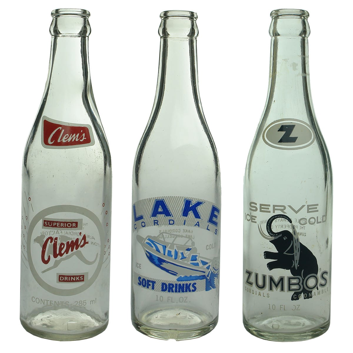 3 Ceramic Label Crown Seals. Clem's Superior Drinks, Alma Cordial Factory, Broken Hill. Kangaroo. 285 ml; Lake Cordials, Lake Cargellico. Speedboat. 10 oz; Zumbo's Cordials Coonamble. Elephant. (New South Wales)