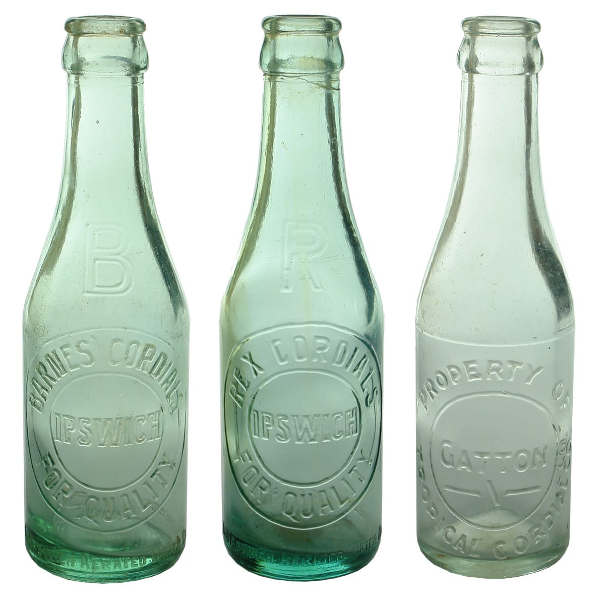 3 Crown Seals. Barnes' Cordials, Ipswich; Rex Cordials, Ipswich. For Quality. Ipswich Aerated Water Co; Gatton Tropical Cordial Co. 6 oz. (Queensland)