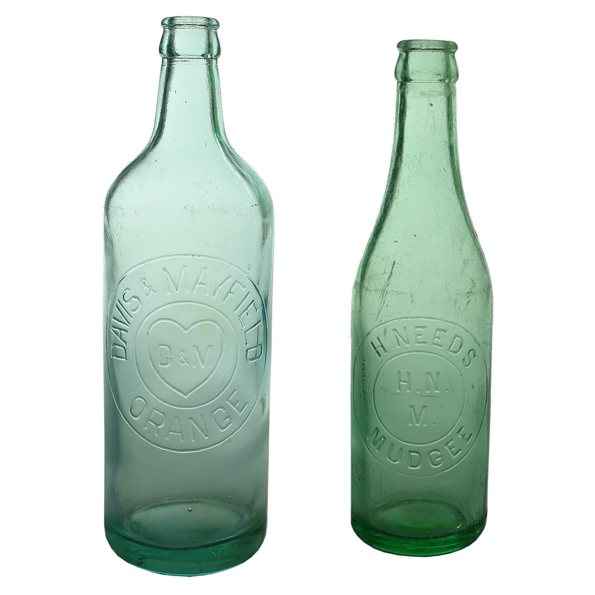 2 Crown Seals. Davis & Mayfield, Orange. High Shouldered Type. Aqua. 26 oz; H. Needs, Mudgee. Aqua. 10 oz. (New South Wales)