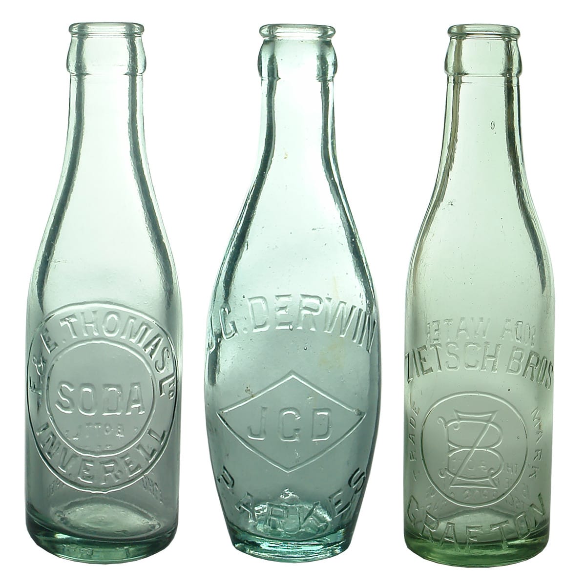 3 Crown Seals. F. & E. Thomas Ltd Inverell; J. G. Derwin Parkes skittle; Zietsch Bros Grafton. 6 oz. (New South Wales)