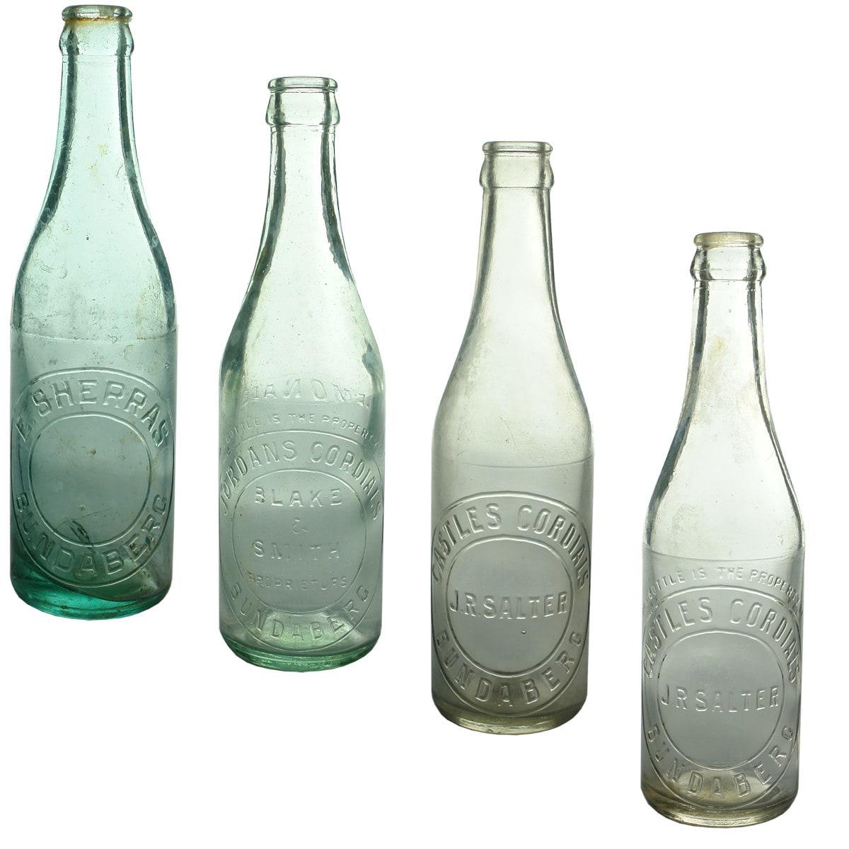 4 Bundaberg Crown Seals: E. Sherras; Jordans Cordials Blake & Smith; 2 different Castles Cordials, J. R. Salter. (Queensland)
