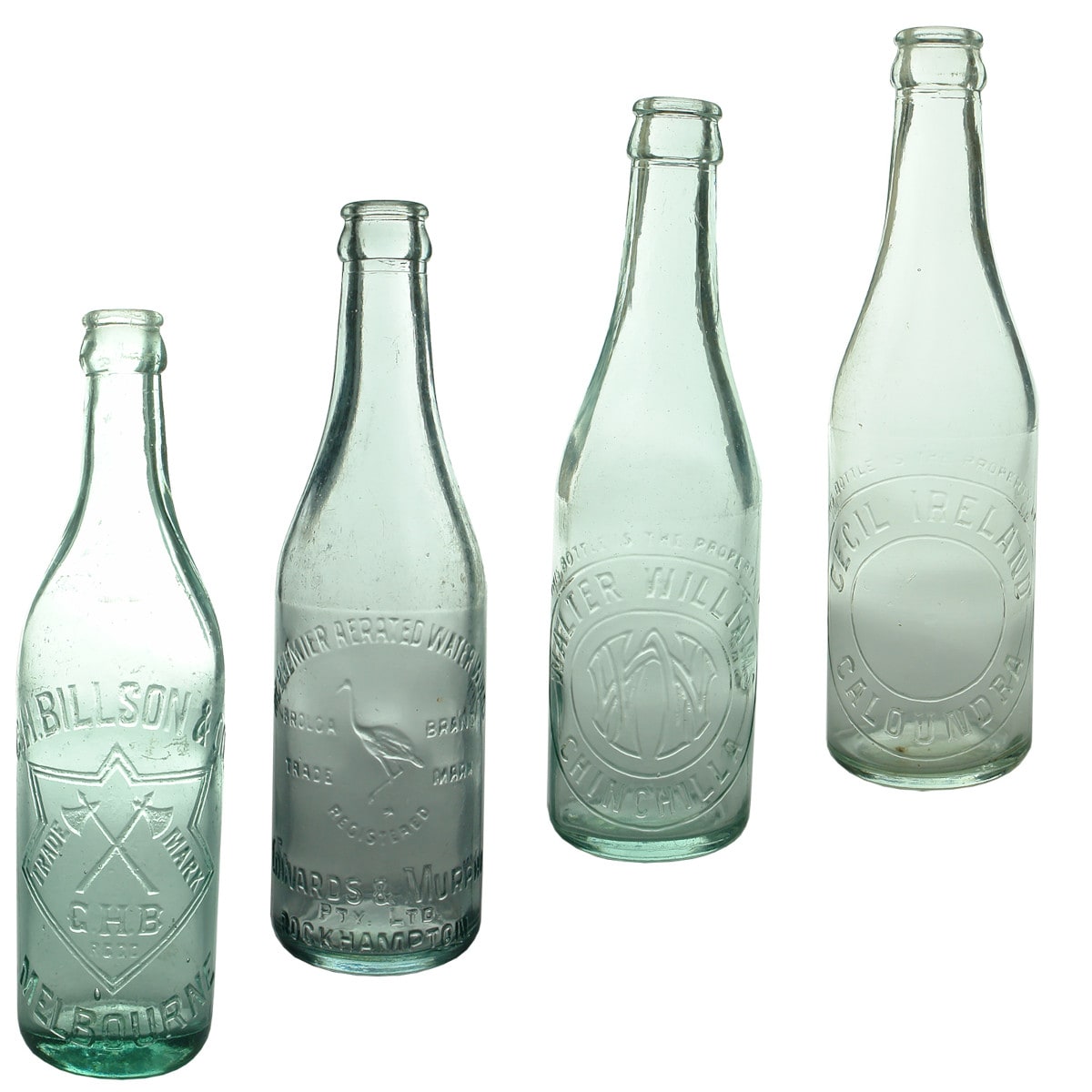 4 Crown Seals. G. H. Billson & Co., Melbourne; The Premier Aerated Water Works, Edwards & Murphy Pty Ltd, Rockhampton. Brolga Brand; Walter Williams, Chinchilla; Cecil Ireland, Caloundra. (Victoria & Queensland)