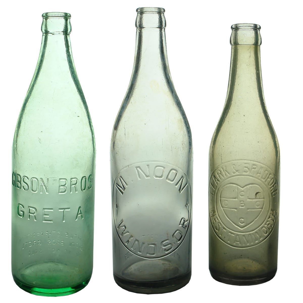 3 Crown Seals. Gibson Bros., Greta. Lime Green Aqua. 24 oz; M. Noon, Windsor. Grey/Amethyst. 24 oz; Clark & Bradford, West Tamworth. Love Heart. Grey/Amethyst. 10 oz.  (New South Wales)