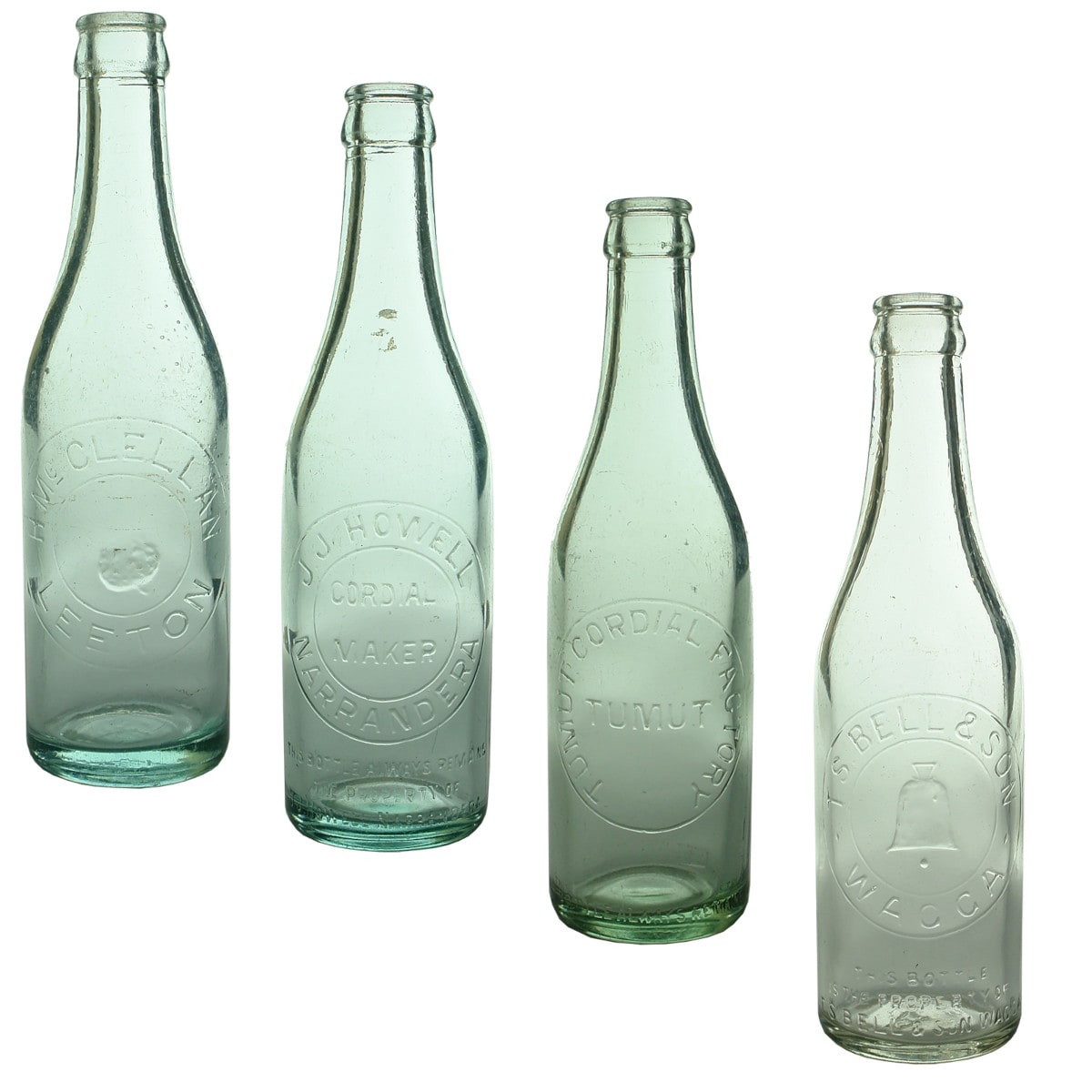 4 10 oz Crown Seals. H. McClellan Leeton; J. J. Howell, Narrandera; Tumut Cordial Factory; T. S. Bell & Son, Wagga. (New South Wales)
