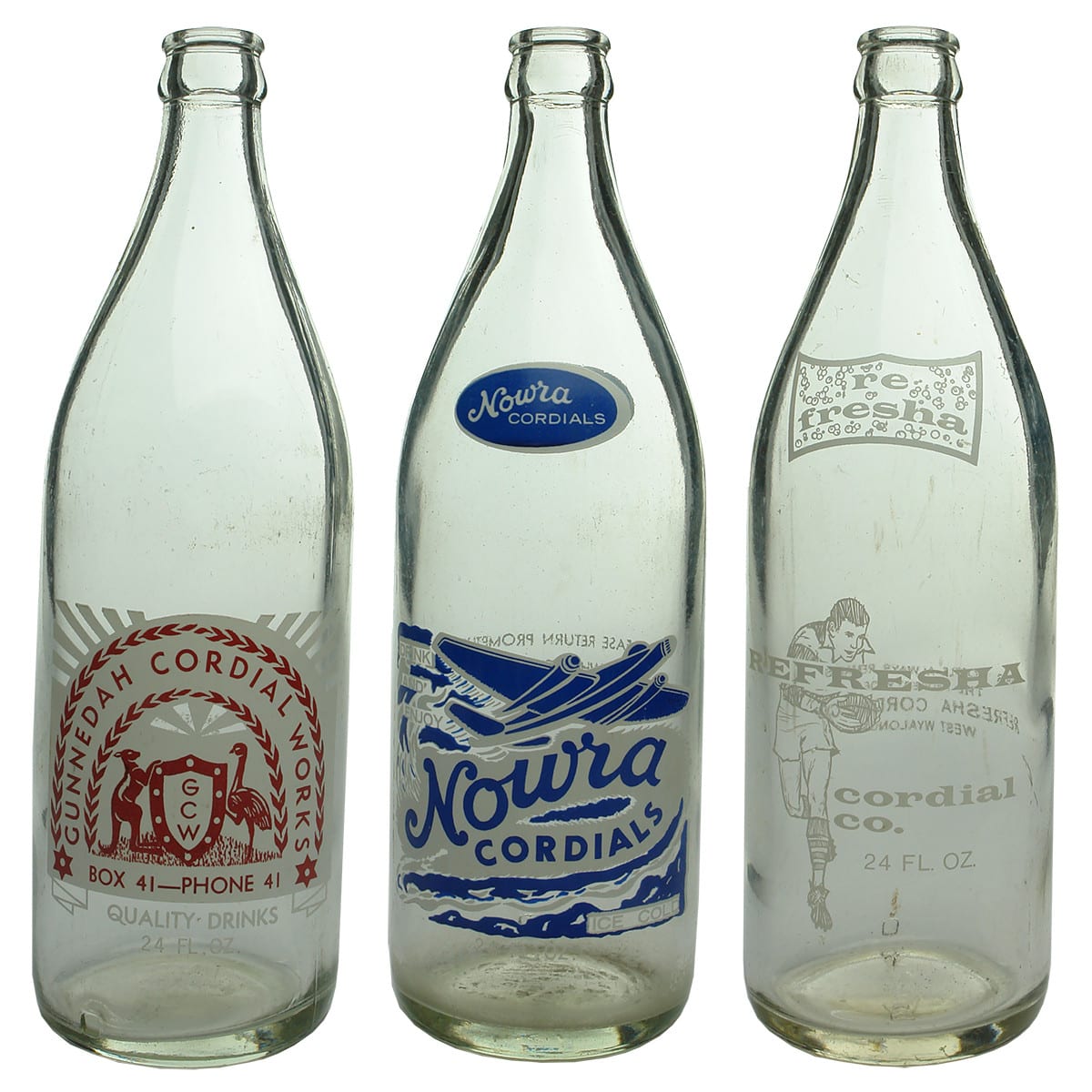 3 Ceramic Label Crown Seals. Gunnedah Cordial Works. Coat of Arms; Nowra Cordials. Jet Plane; Refresha Cordial Co. West Wyalong. Rugby Player. 24 oz. (New South Wales)