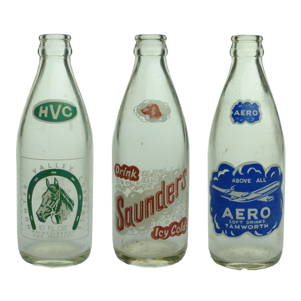 3 Ceramic Label Crown Seals: Hunter Valley Cordials, Muswellbrook; A. G. Saunders & Son; Aero Soft Drinks Tamworth. 10 oz. (New South Wales)