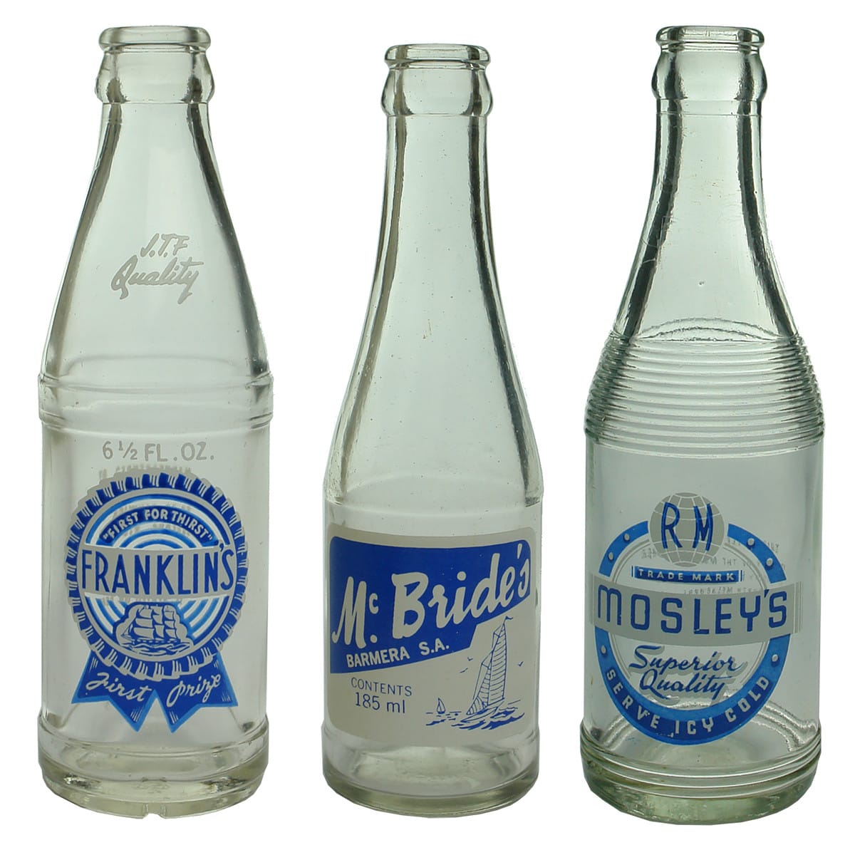 3 Ceramic Label Crown Seals. Franklin's. J. T. Franklin & Co Pty. Ltd. Geelong. 6.5 oz; McBride's Barmera. Sail Boats. 185 ml; Mosley's Superior Quality. R. Mosley, 183 Boundary Road, North Melbourne. Ceramic Label. 6 oz.