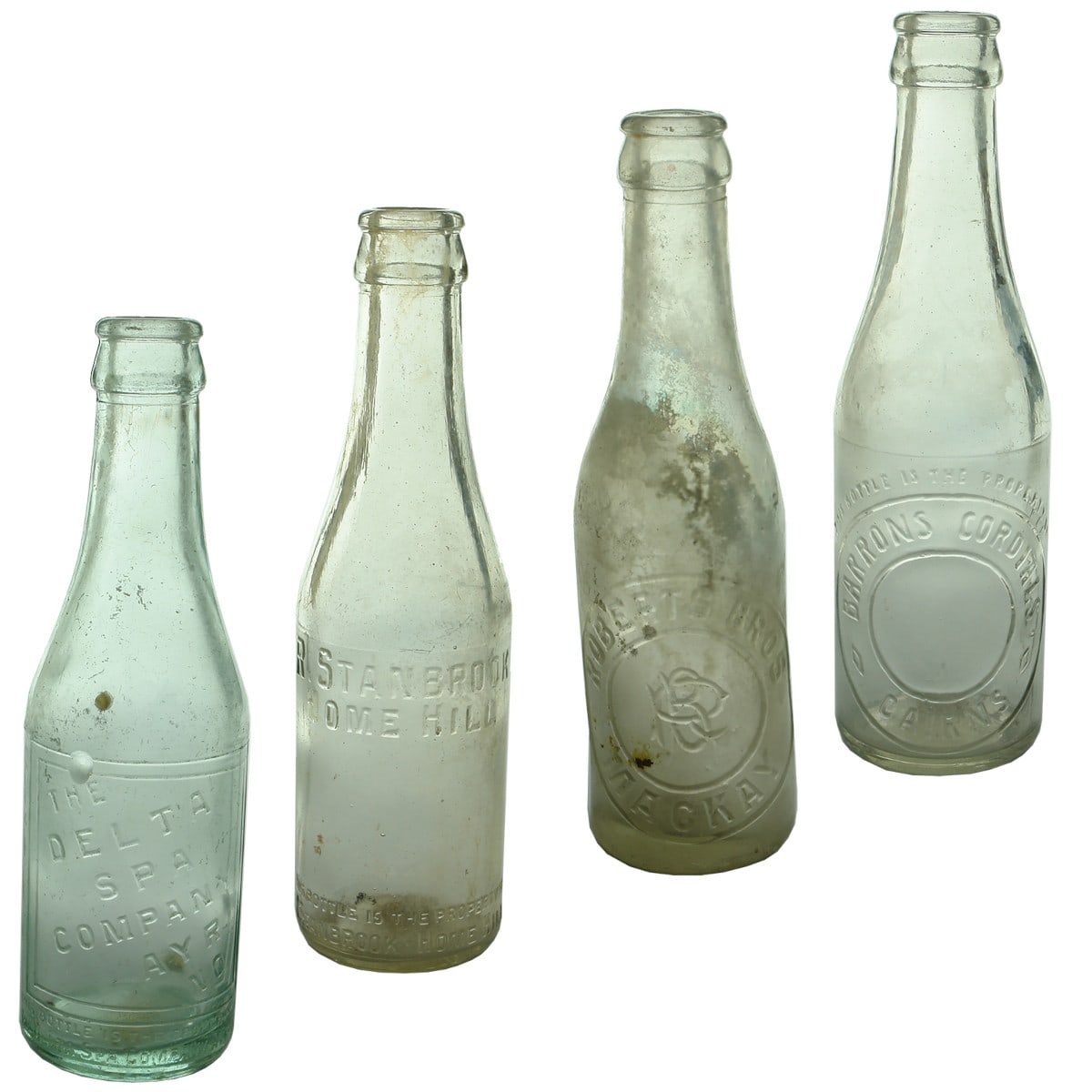 4 Crown Seals: The Delta Spa Company Ayr; R. Stanbrook, Home Hill; Roberts Bros., Mackay; Barrons Cordials Cairns. 6 oz. (Queensland)