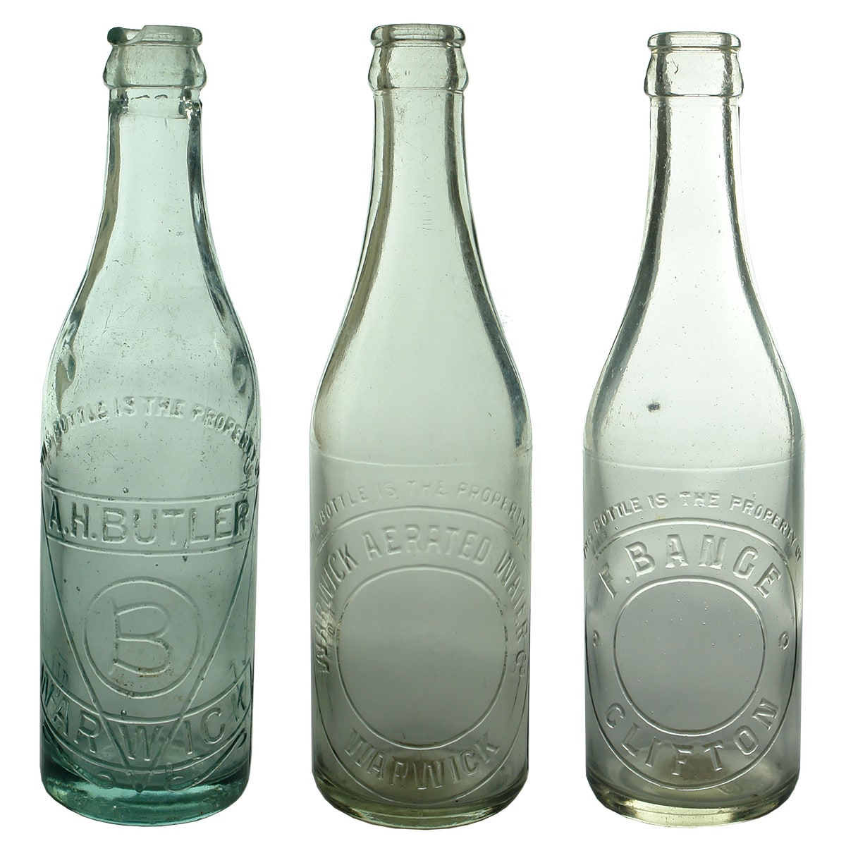 3 Crown Seals. A. H. Butler, Warwick. Very fancy embossing. Kilner Bros made; Warwick Aerated Water Co; F. Bange, Clifton. (Queensland)