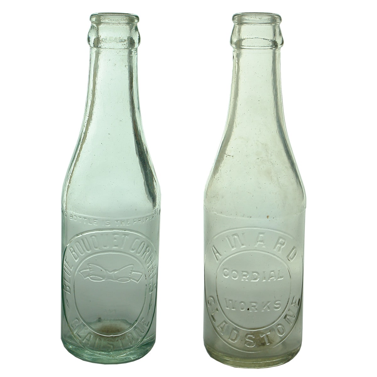 2 Gladstone Crown Seals. Blue Bouquet Cordials; A. Ward Cordial Works. 6 oz. Aqua & Clear. (Queensland)