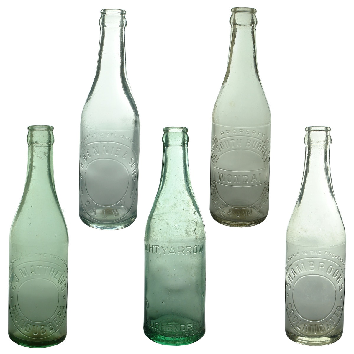 5 Crown Seals: C. J. Matthews, Mundubbera; R. H. Bennie & Son Dalby; W. H. T. Yarrow, Hughenden; South Burnett Cordial Co Wondai; Shambrooks Coolangatta. (Queensland)