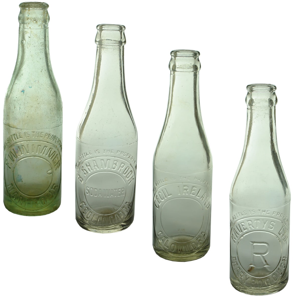4 Crown Seals. F. W. Wimmer, Nambour; B. Shambrook, Coolangatta; Cecil Ireland, Caloundra; Ravertys Maryborough. 6 oz. (Queensland)
