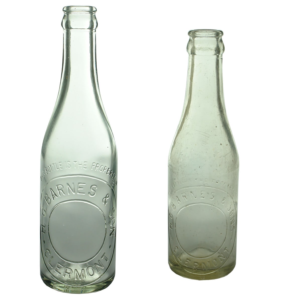 2 Crown Seals. H. G. Barnes & Son, Clermont. Pale Aqua & Clear. 10 & 6 oz. (Queensland)