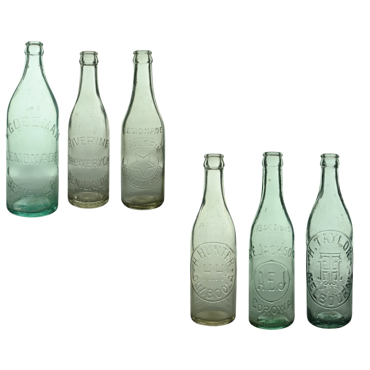 6 Crown Seals: V. Goodman, Benalla 24 oz; Riverine Brewery Co Deniliquin 10 oz; R. Pilgrim, Mullumbimby 10 oz; H. Hunter, Dimboola 10 oz; A. E. Jackson Corowa 10 oz; H. Taylor Melbourne 10 oz.
