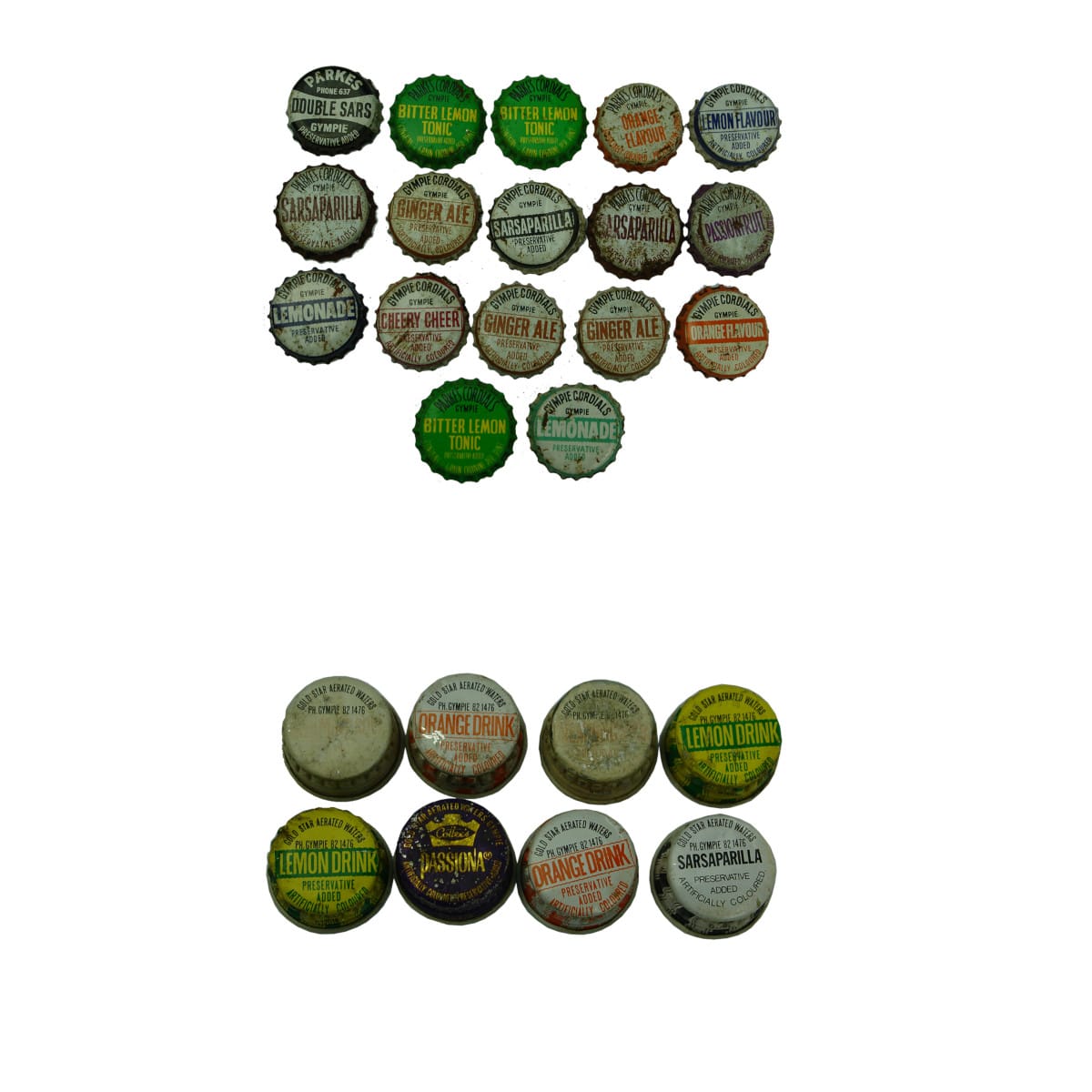 25 Crown Seal & Screw top Caps. 17 x Parke's Cordials, Gympie and Gympie Cordials Crown Seal Caps; 8 x Gold Star Aerated Waters, Gympie Screw Caps including Cottee's Passiona. (Queensland)